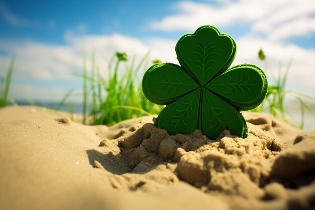 A beach day with a shamrock shaped sandcastle