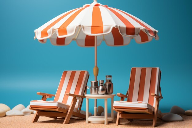 Beach deck chairs and umbrella set on light background