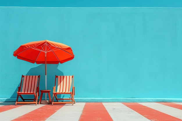 Beach deck chairs and umbrella set on light background