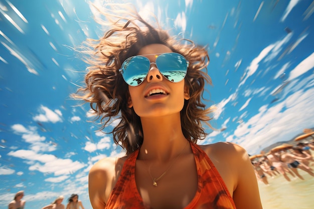 Foto eleganza da spiaggia bella donna con occhiali da sole charme costiero e glamour senza sforzo pose accattivante sul mare estetica serenità in una foto di stock ai