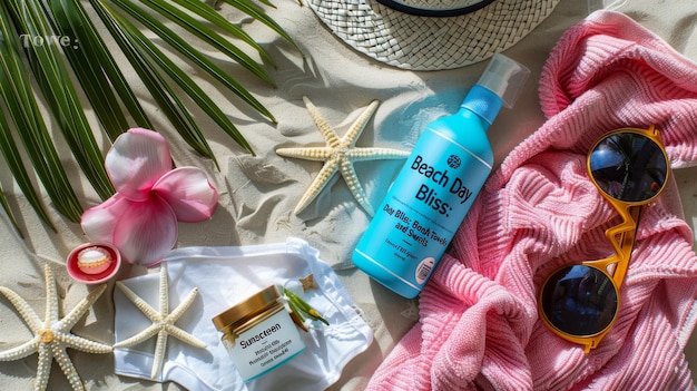 Beach essentials with sunscreen and towel