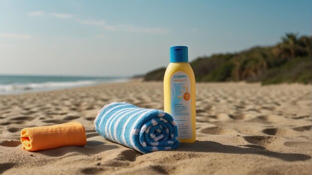 Beach essentials with sunscreen and towel