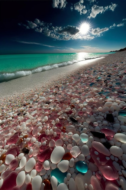 さまざまな色の小石生成 ai でいっぱいのビーチ