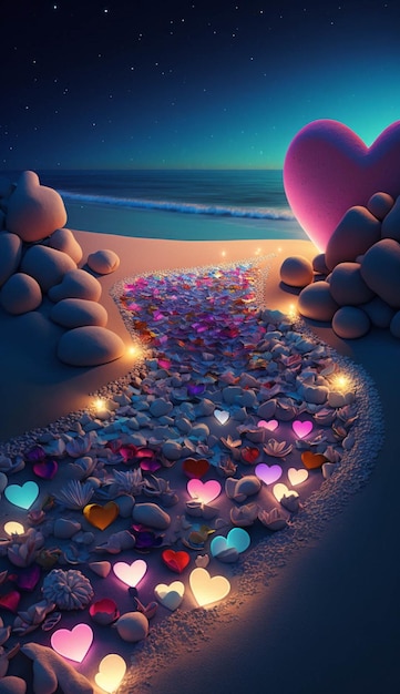 Beach filled with lots of hearts next to the ocean generative ai