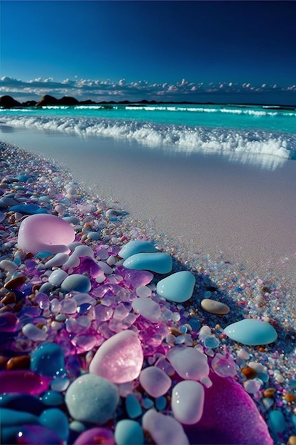 Beach filled with lots of purple and blue stones generative ai