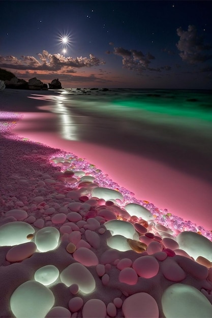 Beach filled with pink pebbles under a full moon generative ai