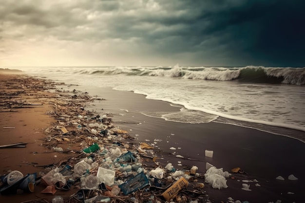 Beach filled with plastic and other trash with waves in the background