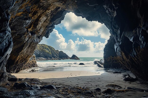 the beach from the inside of a large rock cave