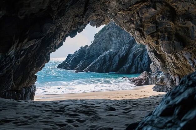 the beach from the inside of a large rock cave