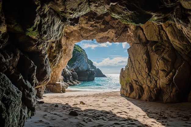 the beach from the inside of a large rock cave