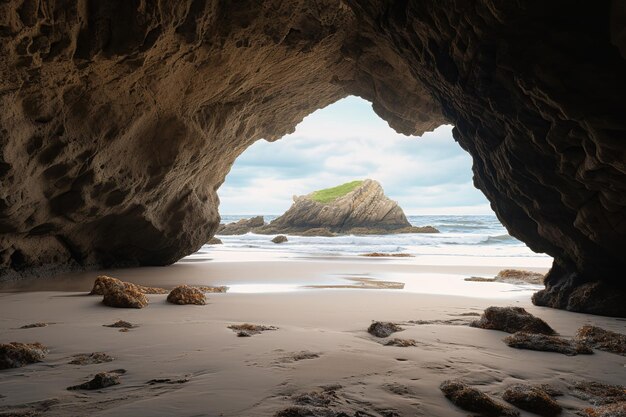 the beach from the inside of a large rock cave