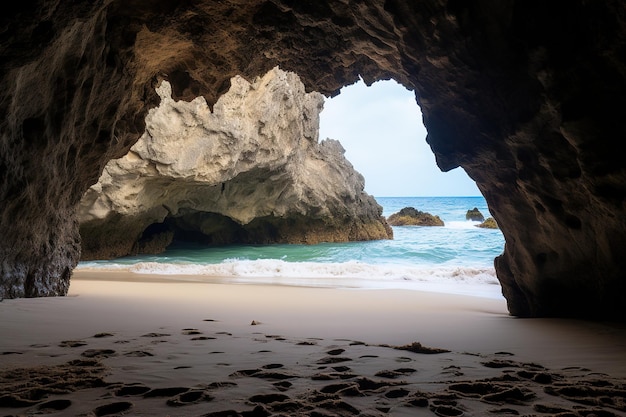 Foto la spiaggia dall'interno di una grande grotta rocciosa