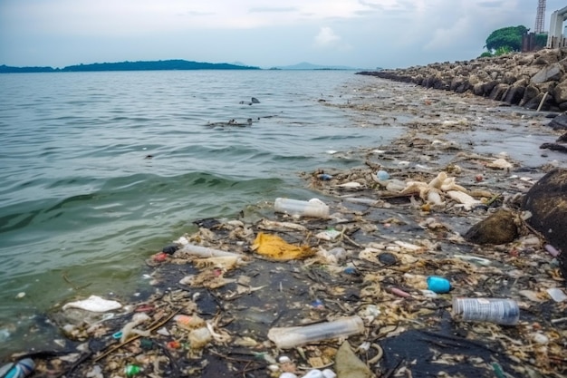 A beach full of trash and plastic bottles.