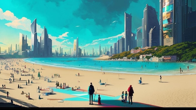 Beach in a futuristic metaverse cyber sci fi city future world concept