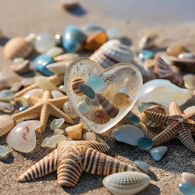 Beach-geïnspireerde harten array van uniek ontworpen harten versierd achtergrond van zee liefde schelpen