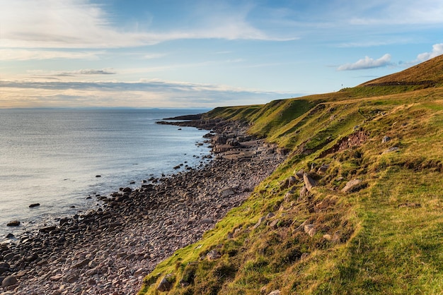 The beach and grassy cliffs at Raffin