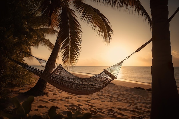 A beach hammock stretched in the middle of palm trees at sunset near the ocean