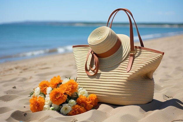 Beach hat broom umbrella and toys in a stylish straw bag summer landscape image
