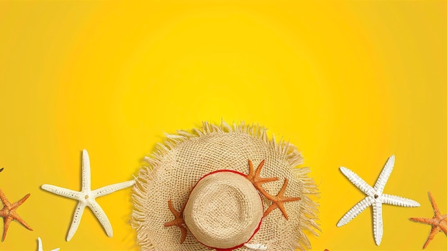 Beach hat made of burlap with sea white and brown starfish on yellow background