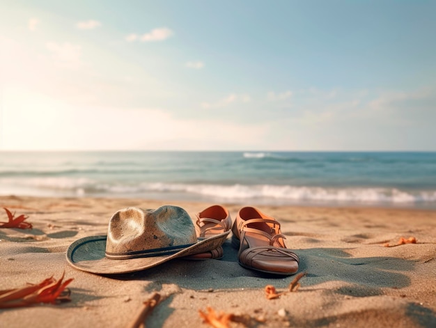 Beach hat and slippers on the sand by the sea Generative AI