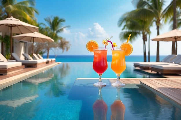 Beach holidays background with two cocktails near swimming pool in luxurious hotel