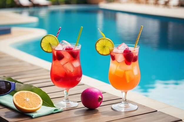 Beach holidays background with two cocktails near swimming pool in luxurious hotel