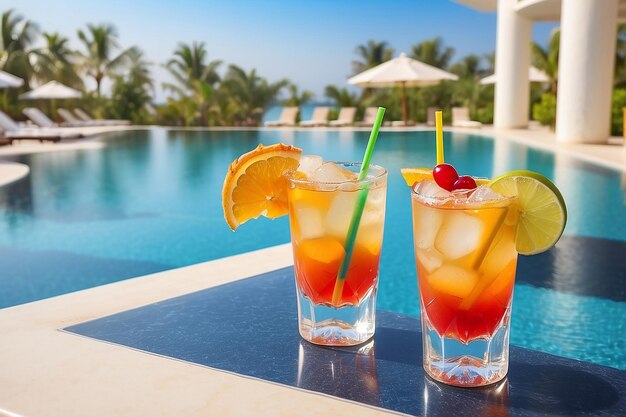 Beach holidays background with two cocktails near swimming pool in luxurious hotel