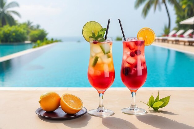 Beach holidays background with two cocktails near swimming pool in luxurious hotel