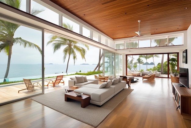 Beach hotel lobby overlooking the sea and the beach