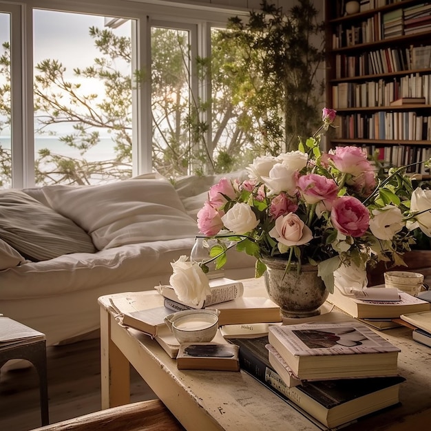 a beach house full of beautiful bouquet of flowers and a prominent journal on the bed