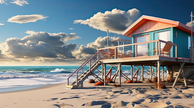 Foto una casa sulla spiaggia seduta in cima a un'immagine ai generativa della spiaggia sabbiosa