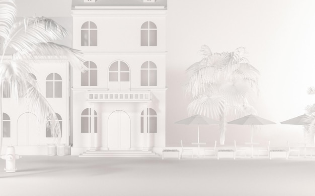 Beach house store front building facades with table and chairs coconut tree on white background 3d