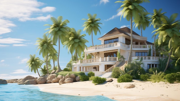 Дом на пляже или вилла среди пальмовых деревьев