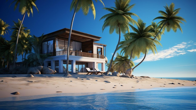 Beach house or villa among palm trees