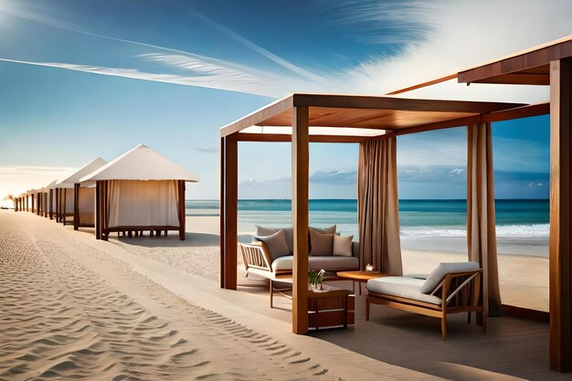 Foto una casa sulla spiaggia con una scena sulla spiaggia e un ombrellone.