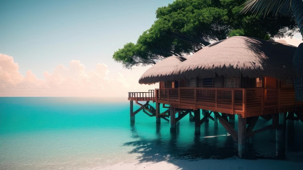 A beach house with a blue sky and the sea in the background.