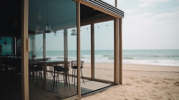 A beach house with a glass wall and a beach view.