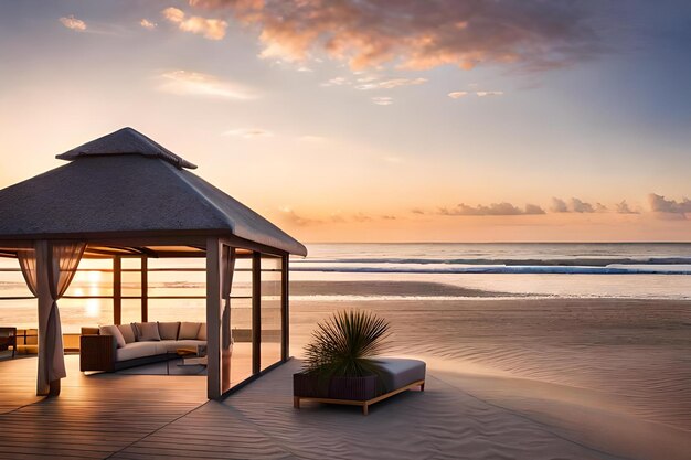 A beach house with a view of the ocean and a beach scene