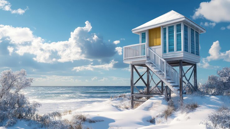 Photo a beach house with a yellow and white deck and a snow covered beach house