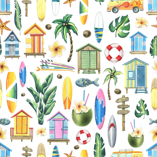 Beach houses surfboards palm trees flowers coconuts Watercolor illustration Seamless pattern on a white background from the SURFING collection For decoration and design of fabrics wallpaper