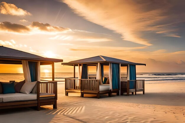 Foto una capanna sulla spiaggia al tramonto