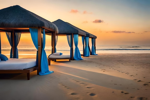 A beach hut on the beach with a view of the ocean.