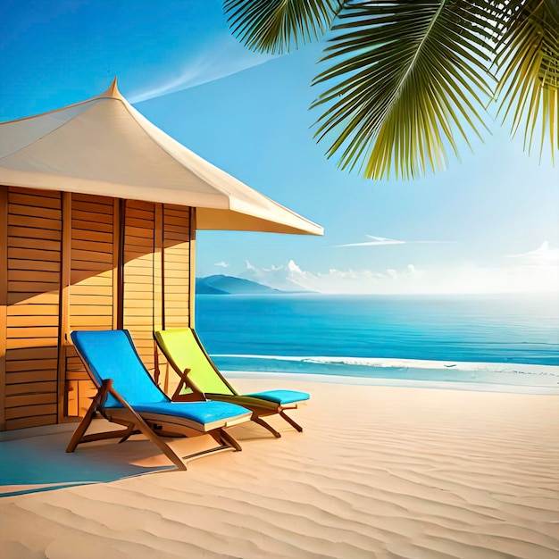 A beach hut with a blue and yellow chair on the sand.