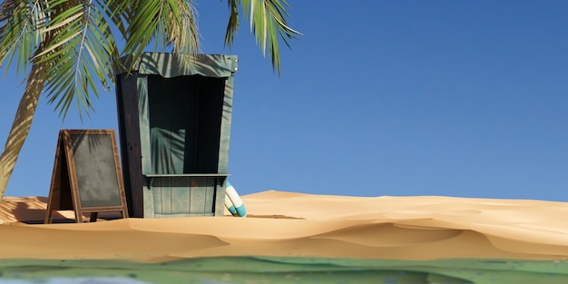 砂の 3 d レンダリングでボードとビーチ小屋