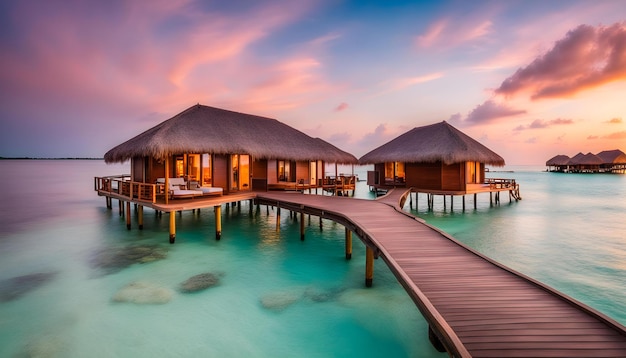 a beach hut with a palm tree on the horizon