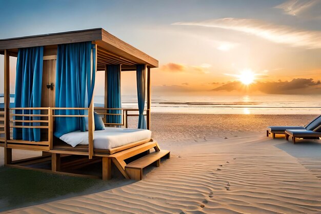 Photo a beach hut with a view of the ocean and the sun setting