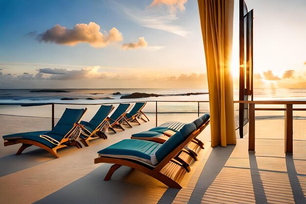 A beach hut with a view of the ocean and the sun setting