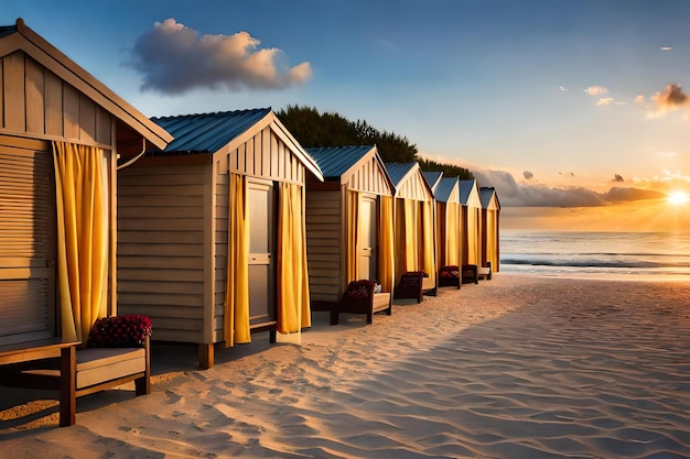 Beach huts on the beach with the sun setting behind them