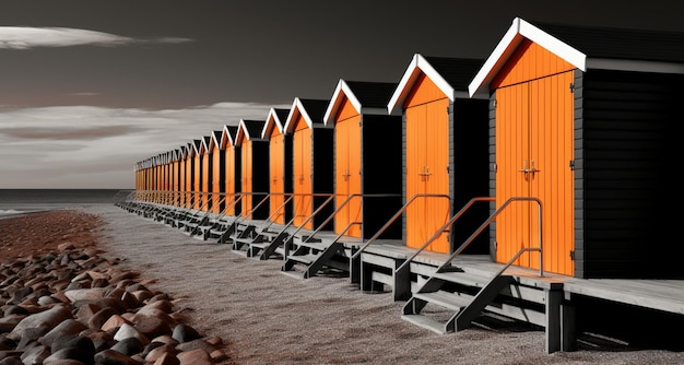 Photo beach huts in a row on the beach 3d render