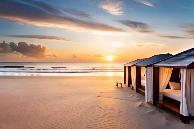 Beach huts on the sand at sunset